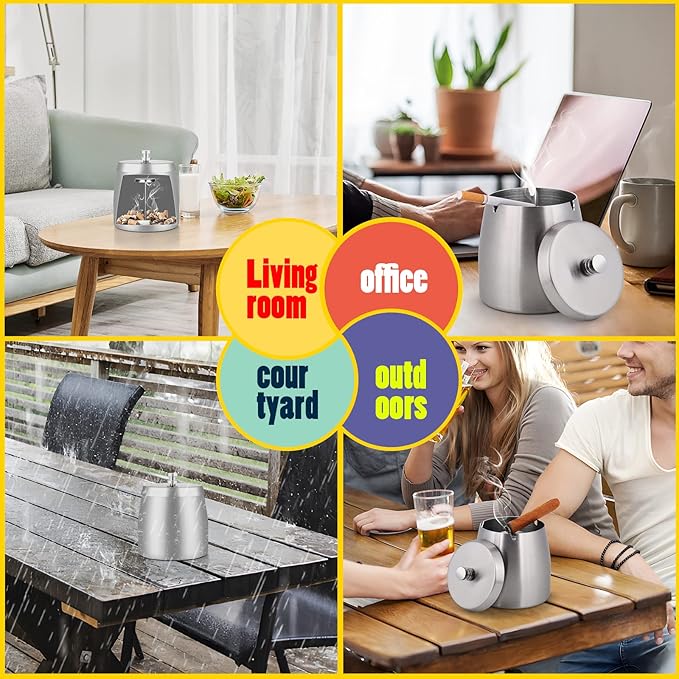 Smokeless Ashtrays For Cigarettes Indoor, Ash Tray Sets Cigarettes Outdoor Ashtrays for Patio Windproof Cute Vintage Home Fancy Stainless Steel Metal Outside Ashtray With Lid, Small