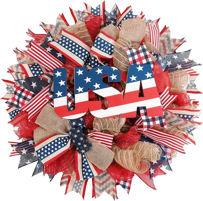 Patriotic Wreath for Front Door, 24 inch 4th of July Decorations with Red White Blue USA Tags for 250th Anniversary American Independence Day Memorial Day Decor