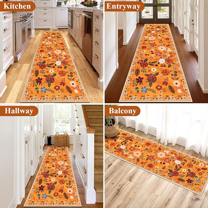 U'Artlines 2'6" x 8' Fall Boho Runner Rug for Hallways Kitchen Colorful Floral Soft Non Slip Washable Floor Carpet Runners for Entryway Laundry Room Bathroom Orange