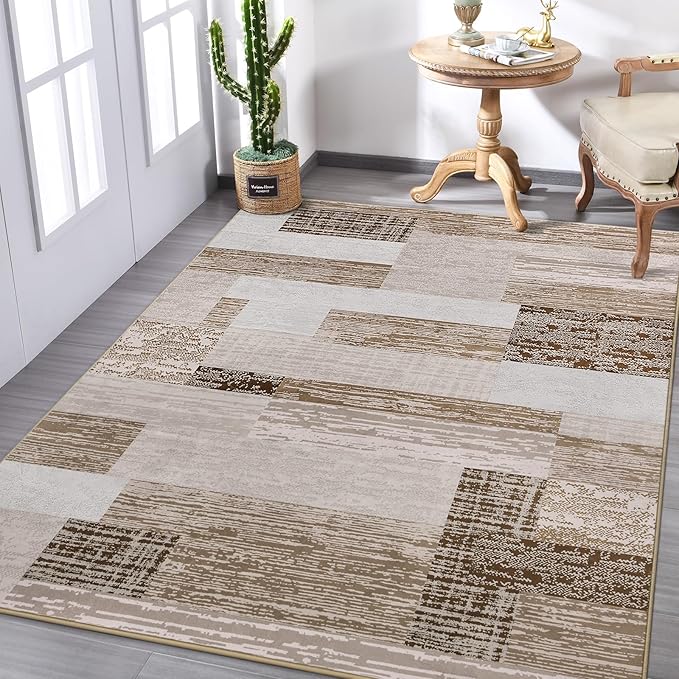 FlyDOIT Modern Geometric Patchwork Area Rug, 5x8 Beige Large Rugs for Living Room, Rockwood Collection Indoor Rugs for Bedroom, Throw Carpet Floor Decor for Entryway Dining Room Office Nursery