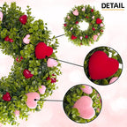 HipTree 18 Inch Spring Mothers Day Heart Wreath for Front Door,Artificial Boxwood Wreath with Flocked Pink & Red Hearts- Romantic for Valentines Day,Anniversary,Wedding,Indoor Outdoor and Wall Decor