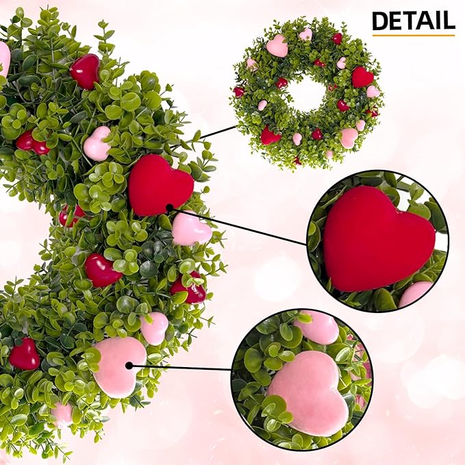 HipTree 18 Inch Spring Mothers Day Heart Wreath for Front Door,Artificial Boxwood Wreath with Flocked Pink & Red Hearts- Romantic for Valentines Day,Anniversary,Wedding,Indoor Outdoor and Wall Decor
