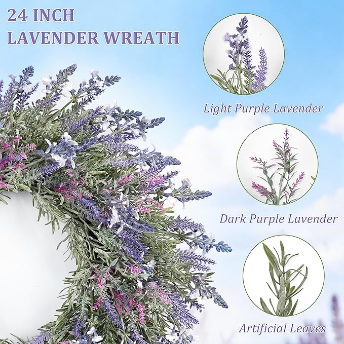 Large Summer Wreaths for Front Door Lavender Wreath for Front Door Spring Easter Artificial Farmhouse Wreaths for Wall Window Party Wedding Porch Room Home Decor(24 Inch)
