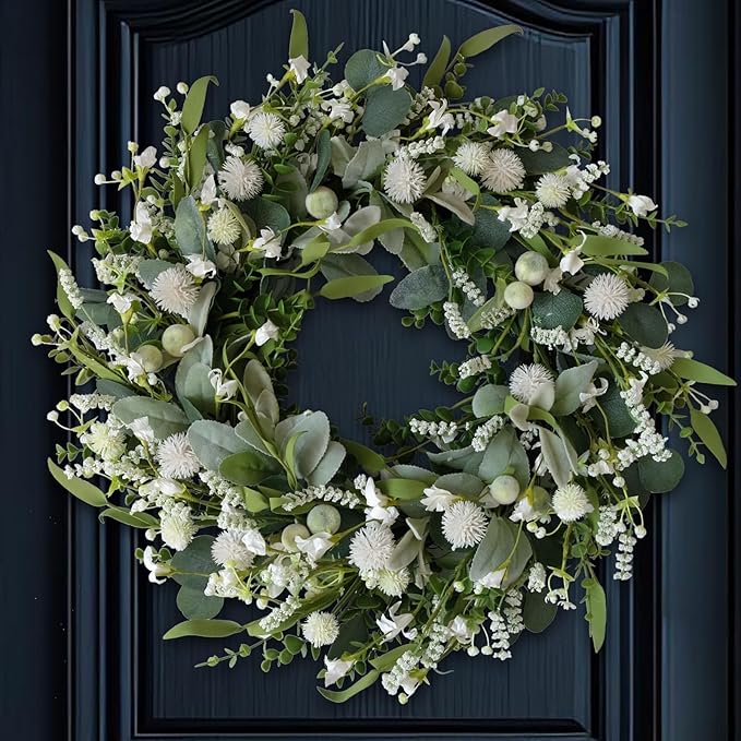 22 inch Summer Wreath White Spiny Ball Green Leaf Green Wreath Summer Front Door Hallway Window Decoration Wedding Party Decoration