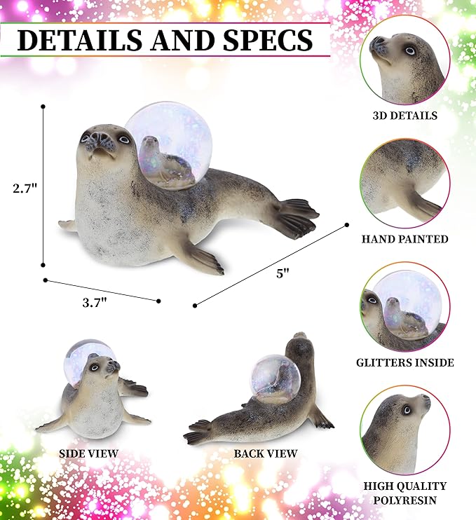 CoTa Global Seal Snow Globe - Sparkly Water Globe Figurine with Sparkling Glitter, Collectible Novelty Ornament for Home Decor, for Birthdays, Christmas, and Valentine's Day - 45mm