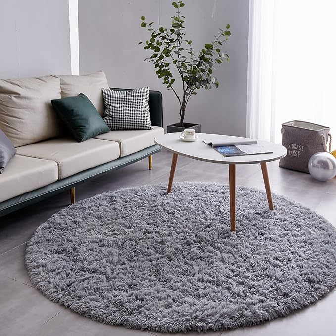 FJZFING Grey Round Rug Ultra-Soft Plush Modern 5x5 Circle Area Rug for Kid's Bedroom, Fluffy Shag Circular Rug for Nursery Room, Non-Slip Home Decor Cute Grey Carpet for Teen's Room