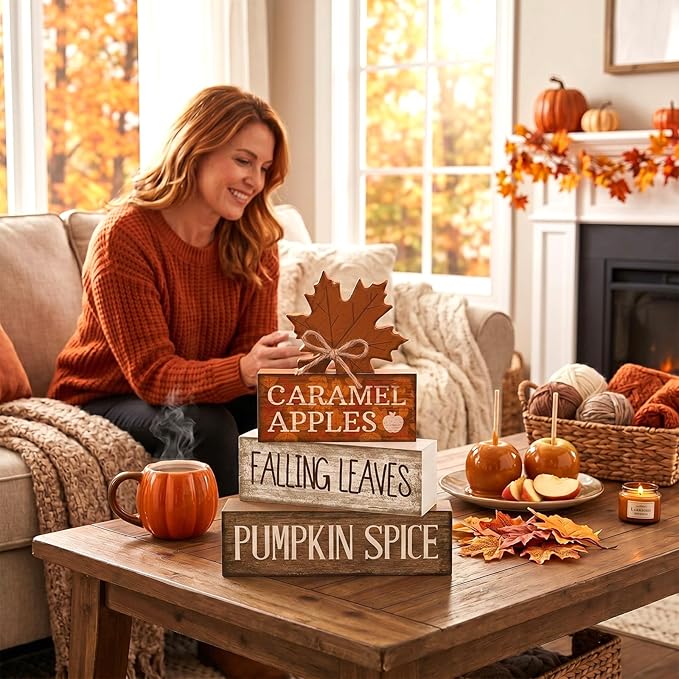 Moucuny 4 Pcs Fall Decor Wooden Maple Leaf Decoration Thanksgiving Tiered Tray Decor Rustic Wooden Maple Leaf Block Signs Thanksgiving Table Centerpiece Farmhouse for Autumn Harvest Party Kitchen Home