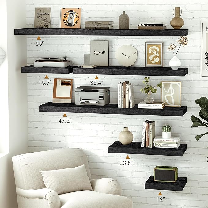 Vivelove Black Floating Shelves for Wall 55 Inches Wide, 12" Deep Wall Shelves for Bedroom, Bathroom, Living Room, Kitchen, Office, Home Decor Shelf with Invisible Brackets, 55" X 12" X 1.5", Set of 2
