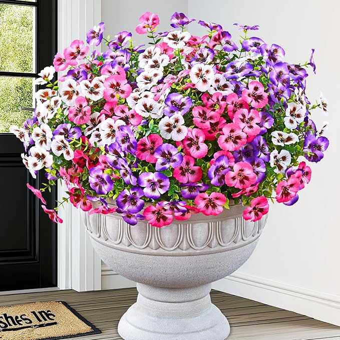 MARTINE MALL 18 Bundles Look Real Artificial Flowers for Outdoors, Realistic Fake Outdoor Flowers UV Resistant Silk Pansy Flower for Outside Faux Flower Plant for Outdoor Porch Yard, Pink+Purple+White
