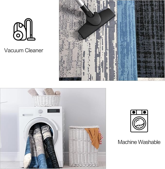 FlyDOIT Modern Geometric Patchwork Area Rug, 4x6 Blue Large Rugs for Living Room, Rockwood Collection Indoor Rugs for Bedroom, Throw Carpet Floor Decor for Entryway Dining Room Office Nursery