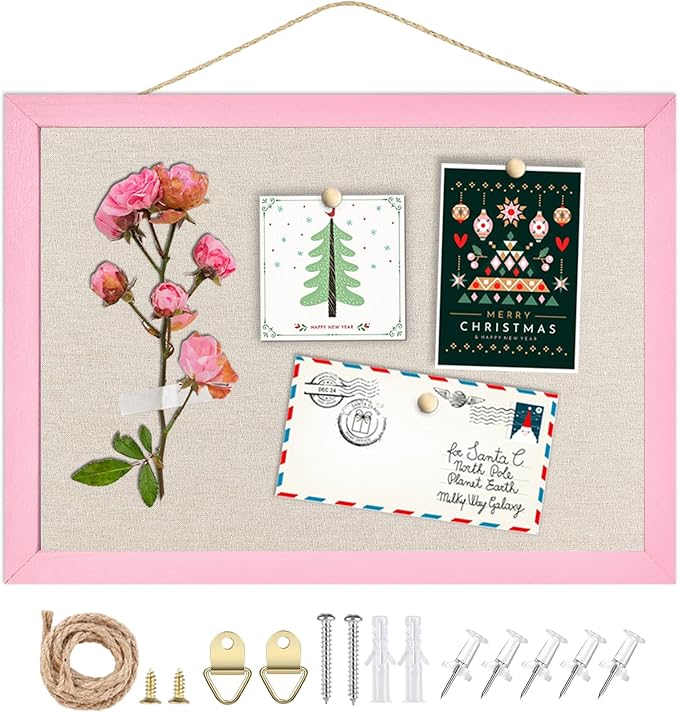 Small Linen Bulletin Board,10.2"x14.2" Pink Wood Frame Bulletin Boards,Beige Linen, Pin Board for Home Kitchen Office Decorative(PK-2636)