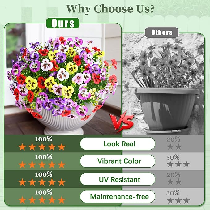 MARTINE MALL 12 Bundles Look Real Artificial Flowers for Outdoors, Realistic Fake Outdoor Flowers, UV Resistant Silk Pansy Flowers for Outside Faux Flowers Plants for Outdoor Porch, Four Mix Colors