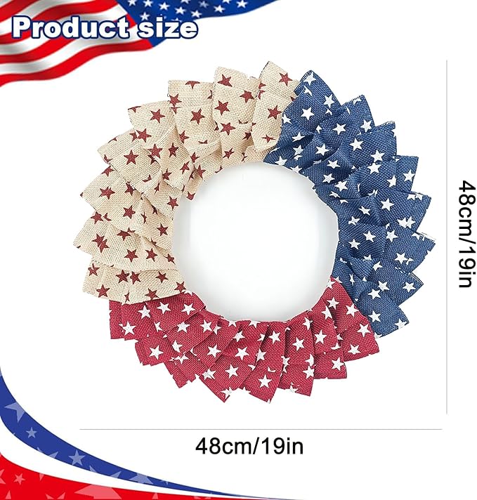 Patriotic Wreath for Front Door Red White Blue Wreath 4th of July Wreaths for Door Wall Memorial Day Decor Independence Day Hanging Decoration for Outside Home Farmhouse Holiday (Little Star)