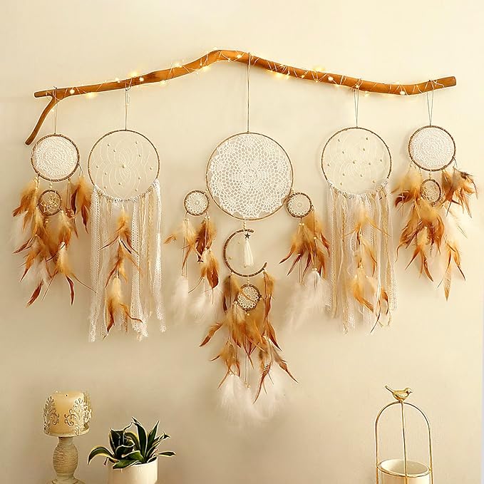 Dream Catcher Boho Macrame Wall Art - 31" Large Feather Dreamcatchers for Bedroom Moon Wall Decor by Native American for Women, Teen Girls