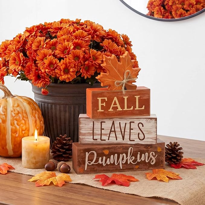 Lineshading 4 Pcs Fall Decoration for Home Wooden Maple Leaf Thanksgiving Table Centerpiece Rustic Thanksgiving Tiered Tray Decor Decorative Fall Leaves Block Signs Farmhouse Autumn Decor for Kitchen