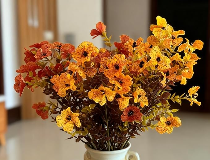 Artificial 15-Bloom Violet Flowers, Fake Flowers for Indoor Outdoor Decor, Faux Plants for Garden, Porch, Fall and Seasonal Decoration, UV Resistant Faux Plants (Orange and Yellow)
