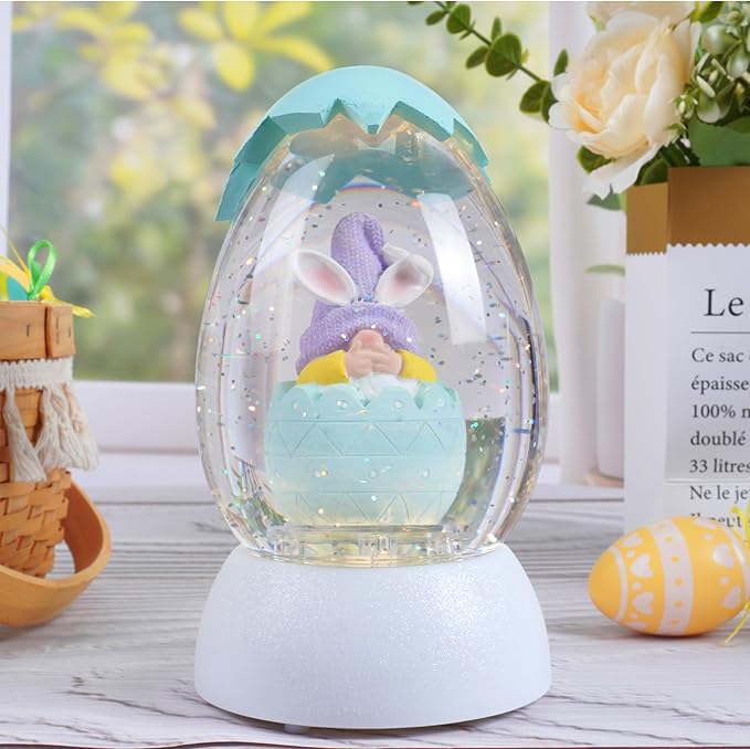 Gnome Easter Snow Globe, Easter Bunny Snow Globe Eggs Spring Decor with Swirling Glitter, 6H Timer, USB or Battery Powered, Speak No Evil Gnome Snowglobe for Tabletop Decor Gift 7.4 Inch (Blue)