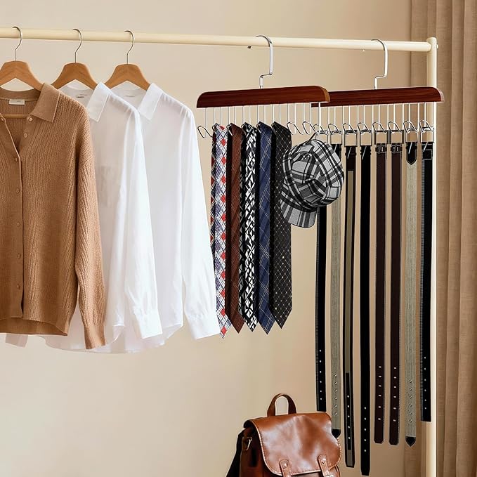 2 Pack Belt Hanger for Closet, Wooden Tie Racks Hanger with Upgraded 360°Rotating, Space-Saving Belt Holders with 8 Hooks, Closet Storage for Tie,Tank Top,Bra, Scarf,Hat