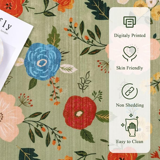 U'Artlines 8x10ft Vintage Floral Area Rug Machine Washable Ultra Soft Low Pile Non Slip Non Shedding Accent Floor Carpet for Living Room, Bedroom, Dining Room, Office (Green)