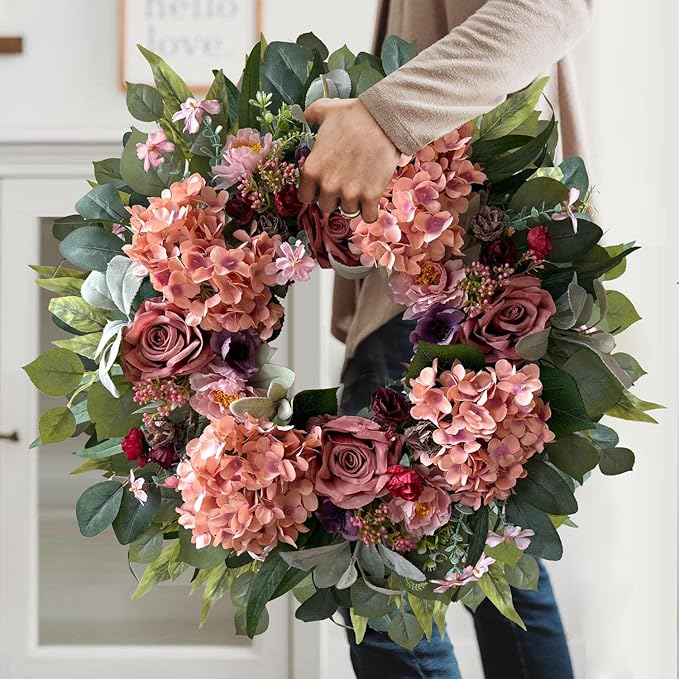 WANNA-CUL 24 Inch Spring Hydrangea Wreaths for Front Door,Pink Rose Peony Floral Door Wreath for Mother’s Day Valentine Wedding Year Round Indoor Outdoor Wall Decor