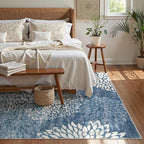 Dahlia 5x7 Blue Floral Rug for Bedroom, Low Pile Soft Washable Area Rugs for Living Room, Boho Non Slip Large Blue Carpet, Stain Resistant Throw Rug for Dining Room Home Office