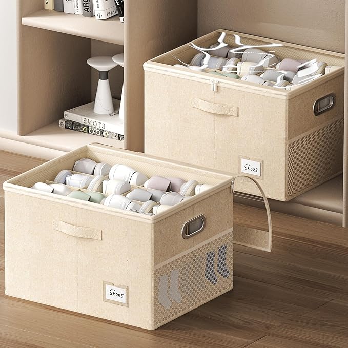 2 Pack Shoe Organizer for Closet Large Shoe Box Storage Containers with Clear Window Space Saving Shoe Bin with Foldable Bottom Support Adjustable Dividers Fits 32 Pairs (Beige, (19.7x15.7x13inch)x2)