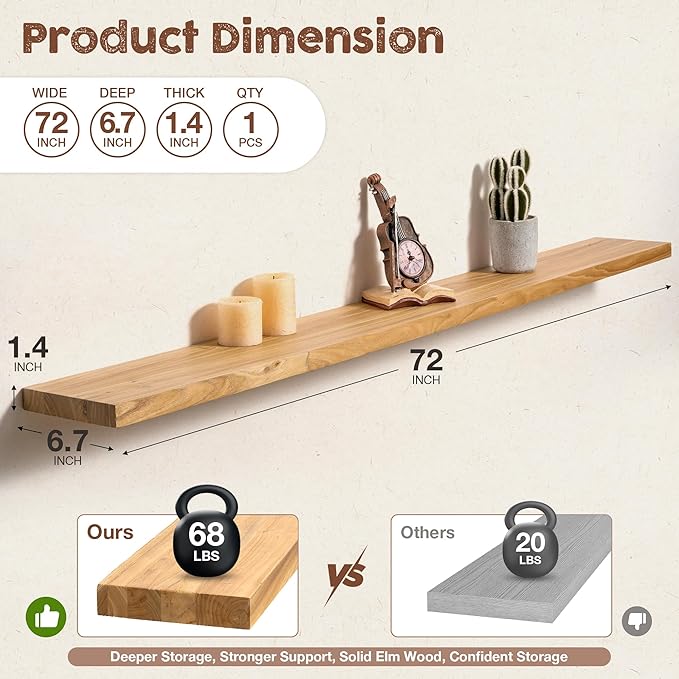 fuqing Floating Shelves for Wall, 72 inch Rustic Solid Elm Wood Floating Shelves, Wooden Wall Shelves with Invisible Heavy Duty Brackets for Living Room, Bedroom, Kitchen, Bathroom, 1 Pack, Natural