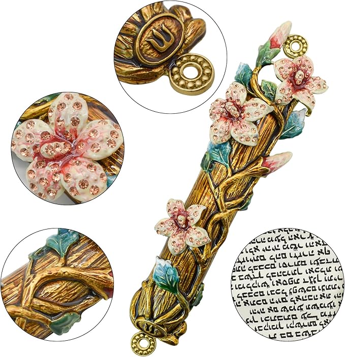 Mezuzah with Scroll for Door, Enamel&Zinc Alloy Blessing Mezuzah Case for Door, Colored Painted Mezuzha Scroll Kosher for Jewish Gifts/Jewish Decor, Christmas (Brushed Gold, 2.28x9.64 in)