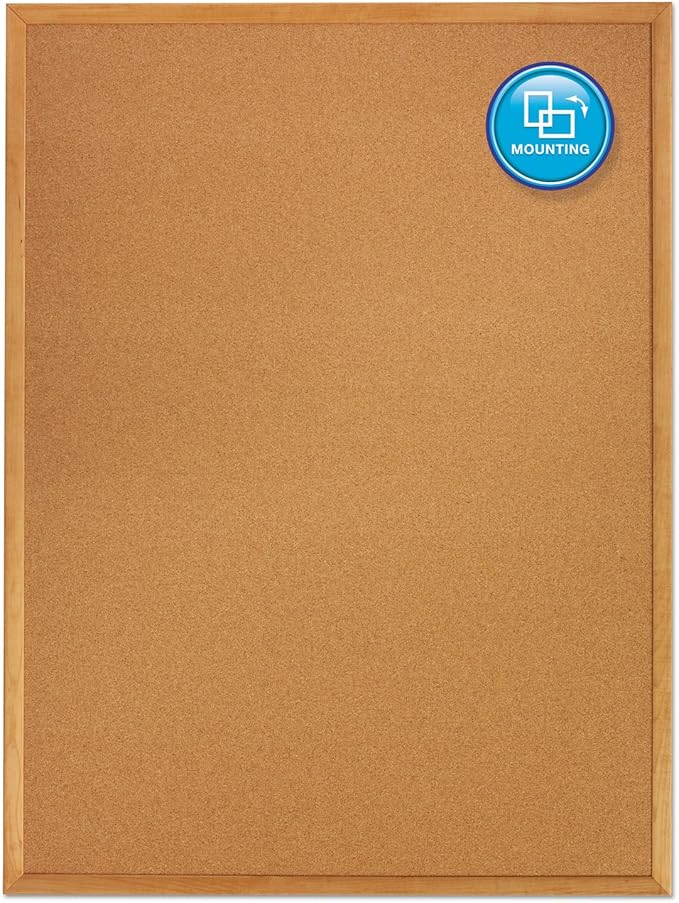 Quartet Cork Bulletin Board 36"W x 24"H Pin Board, Oak Finish Frame (303)