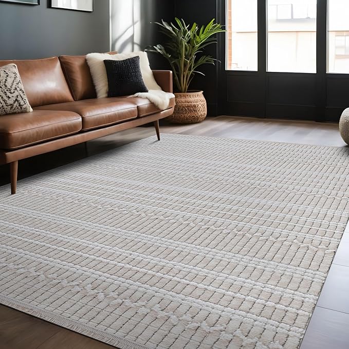 Modern Indoor Rug Stripe 5x7 Area Rugs for Living Room Luxury Kitchen Bedroom Durable Soft Geometric Durable Low and High Pile Stain Resistant Non Shedding Area Carpet 5x7