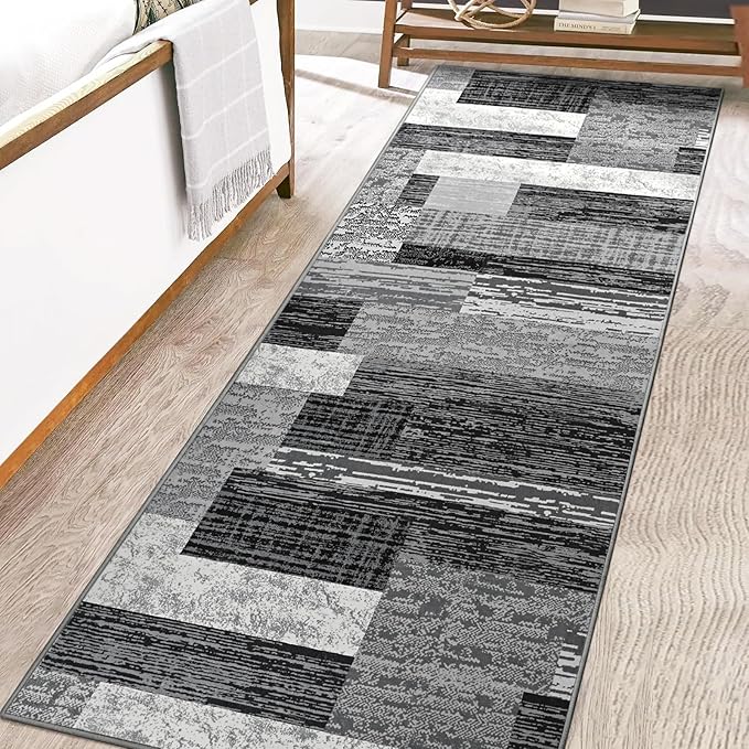 FlyDOIT Modern Geometric Patchwork Area Rug, 2.7x8 Grey Runner Rugs for Living Room, Rockwood Collection Indoor Rugs for Bedroom, Throw Carpet Floor Decor for Entryway Dining Room Office Nursery