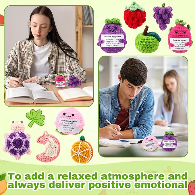VioraWhite 18 Pcs Fruit Animals Positive Emotional Dolls Bulk Encouragement Emotional Knitted Crochet Gifts with Positive Words for Friends Coworker Decorations for Home Office