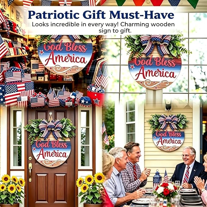 Memorial Day & 4th of July Patriotic Wreath, 12" Wooden Decor with Artificial Flowers, USA 250th Anniversary Sign for Front Door, Garden, Patios, Windows Decor (Color-Bless)