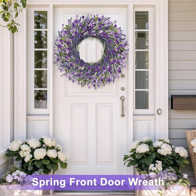 LZNPA 26 Inch Large Lavender Wreath for Front Door Greenery Summer Spring Wreaths for Front Door Wreaths for Front Door All Seasons for Wedding Farmhouse Wall Porch Window Decor(Purple Lavender)