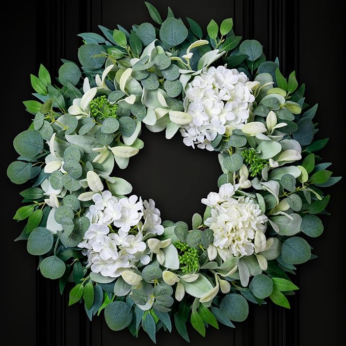 Spring Summer Wreaths for Front Door Porch, 22" Hydrangea Eucalyptus Wreath for Indoor Outdoor All Seasons, Artificial Greenery Farmhouse Decor for Mother's Day