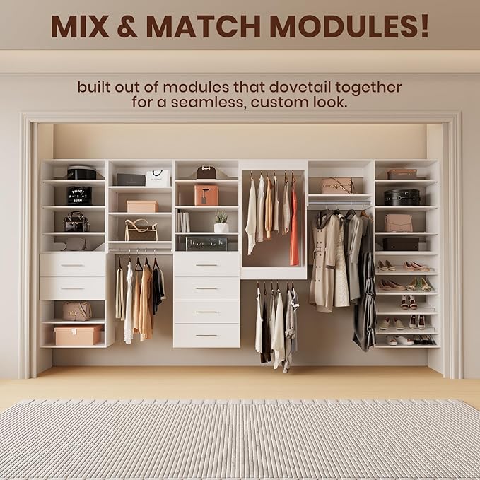 ROOMTEC Modular Closet System, 84" Wall Mounted Modern Closet Organizer with Hanging Rods and Shoe Shelf, Wooden Tower for Walk-In Closets, Wardrobe Storage Kit, White