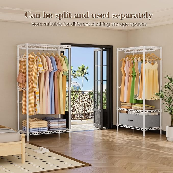 Coat Rack Clothes Wardrobe：Closet Organizer and Storage Clothing Garment Rack with Shelves Heavy Duty for Hanging Clothes Portable Adjustable White 15.8" DX69 WX76.5 H