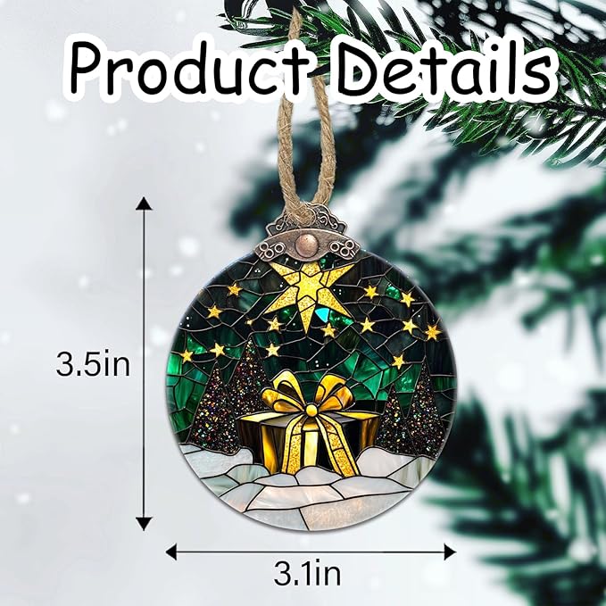 Stained Glass Christmas Decorations, Gold Star Suncatcher for Window Christmas Tree Hanging Ornaments Green Winter Night Scene Sun Catcher Xmas Decor Gifts for Women Men Mom Nana Friend