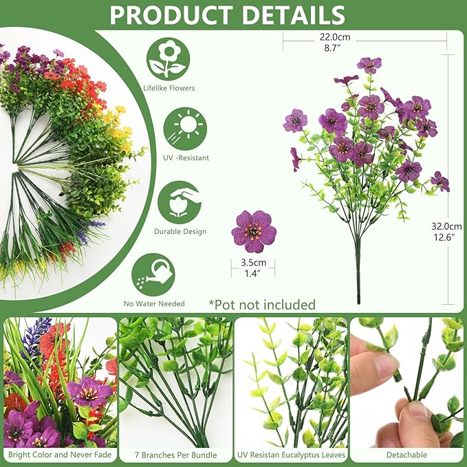 Artificial Flowers for Outdoors, 14 Bundles Multicolor Silk Fake Flower for Spring Summer Decoration, UV Resistant No Fade Artificial Outdoor Plants for Home Planter Porch Patio Yard Decor