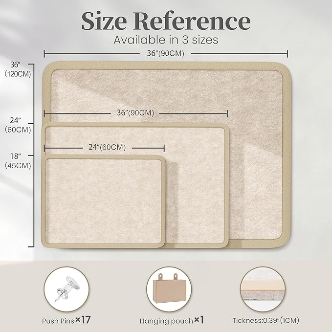 Bulletin Board, 24 x 18 inches Decorative Felt Board Foldable Photo Board Pin Boards, Cork Board Alternative for Walls, Office, Home, Classroom with Pushpins ＆ Small Storage Bag, Beige