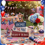 Moucuny 4 Pcs 4th of July Decorations Patriotic Highland Cow Wooden Block Sign Set America Table Decor Patriotic Tiered Tray Decor Red White Blue Memorial Day Centerpieces for 250th Anniversary Home