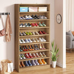 Tribesigns Tall Shoe Cabinet, 9 Tiers 40-45 Pairs Heavy Duty Wood Freestanding Shoe Storage Cabinet, 70.8'' Tall Shoe Cabinet with Open Storage for Entryway (1, Light Brown)