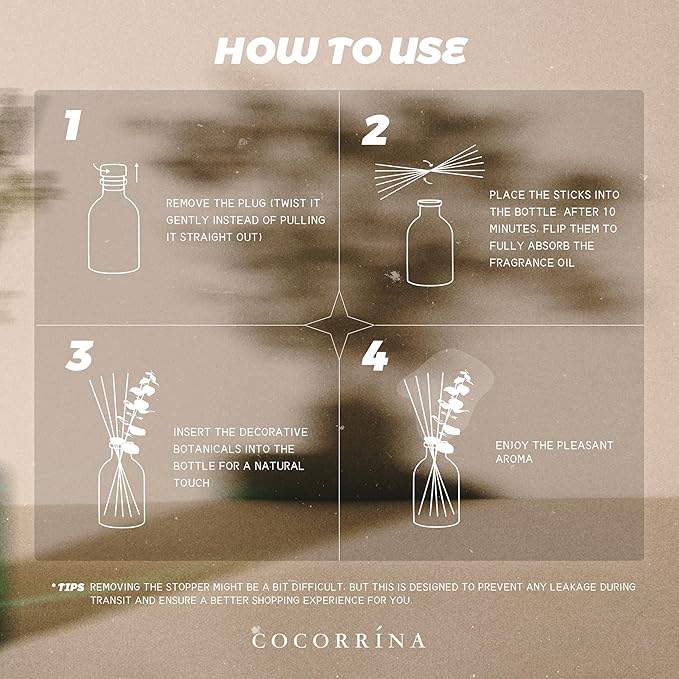 COCORRÍNA Olive Blossom Reed Diffuser – 6.76 oz Essential Oil with 8 Reeds & Real Eucalyptus Sticks, Home Fragrance for Bedroom or Bathroom Décor