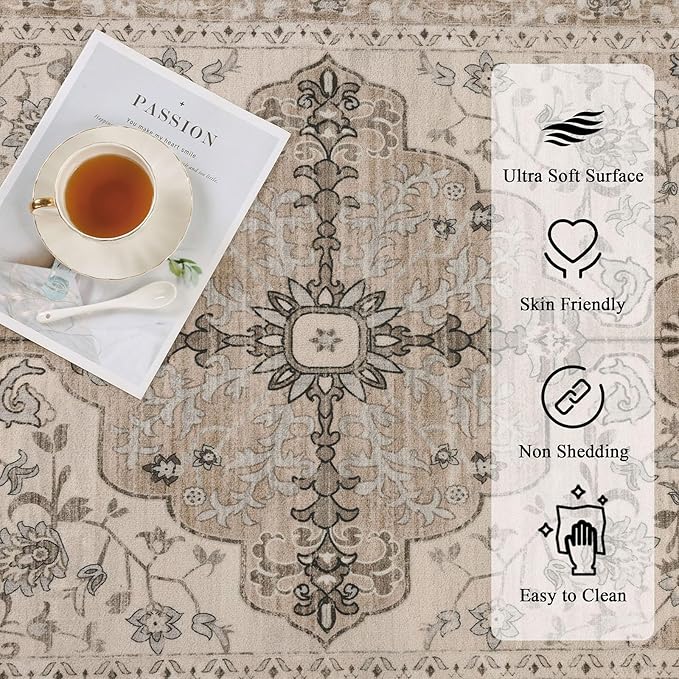 U'Artlines Boho Vintage Area Rug 5x7 Machine Washable Low Pile Soft Floor Carpet Non Slip Non Shedding Accent Rug for Living Room Bedroom Entryway Dining Room Office Beige＆Brown