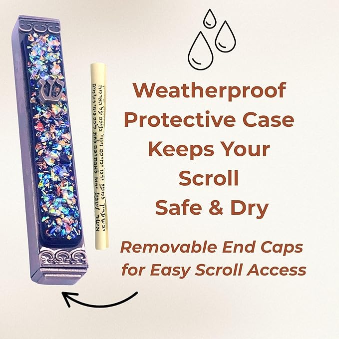 Sparkling Art Glass Mezuzah - 3.5 Inch - Easy Mount - Weatherproof Metal Case - Gift Box and Non-Kosher Scroll Included - Hand Made in USA by Tamara Baskin Art Glass (Blue)