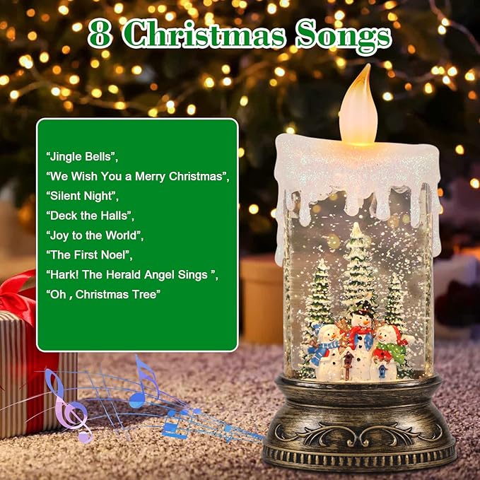 Wondise Rechargeable Musical Snow Globe Lantern with 6H Timer, Battery Operated USB Powered Lighted Snow Globe Lamp Spinning Water Swirling Glitters Holiday Decor Snowman Famliy