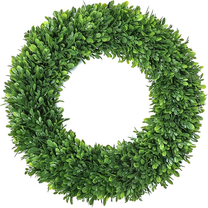 26Inch Boxwood Wreaths for Front Door，Summer Wreaths for Front Door Outside Realistic，Front Door Wreath Outside All Season，Artificial Green Wreath for Farmhouse Porch Wall Wedding Room Home Decor