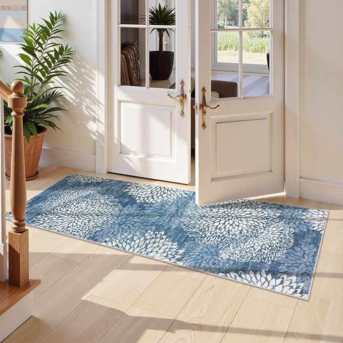 Dahlia Washable Runners for Hallways, 2x6 Blue Floral Kitchen Runner Rug,Non Slip Low Plie Hallway Rug,Boho Soft Non Shedding Carpet Runner for Bathroom Bedroom Laundry,Blue