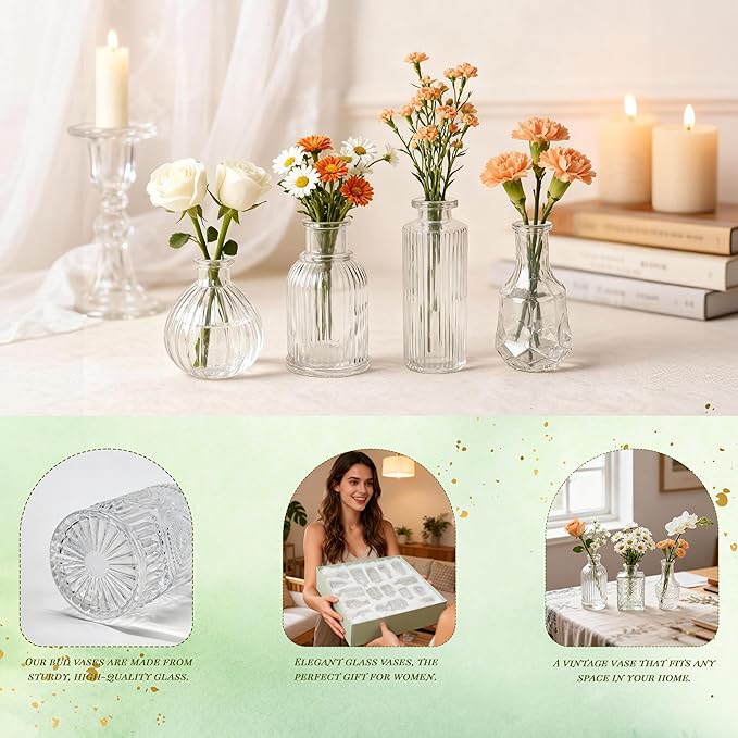 Der Rose Glass Bud Vases Set of 32 Small Clear Flower Vases for Rustic Wedding Centerpieces Table Decorations and Home Office Decor(Clear)