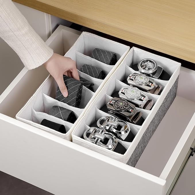 3 Packs Fabric Belt Organizer, 6 Grids Belt Organizer for Closet and Drawer, Foldable Dresser Drawer Organizers, Tie Storage -GreyWhite